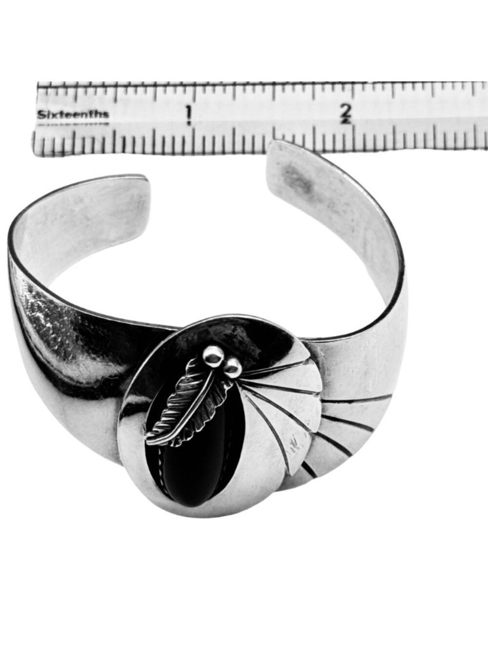 Southwestern Cuff Bracelet Sterling Silver Black Onyx By RMJ 44g Modern Design - Picture 11 of 12